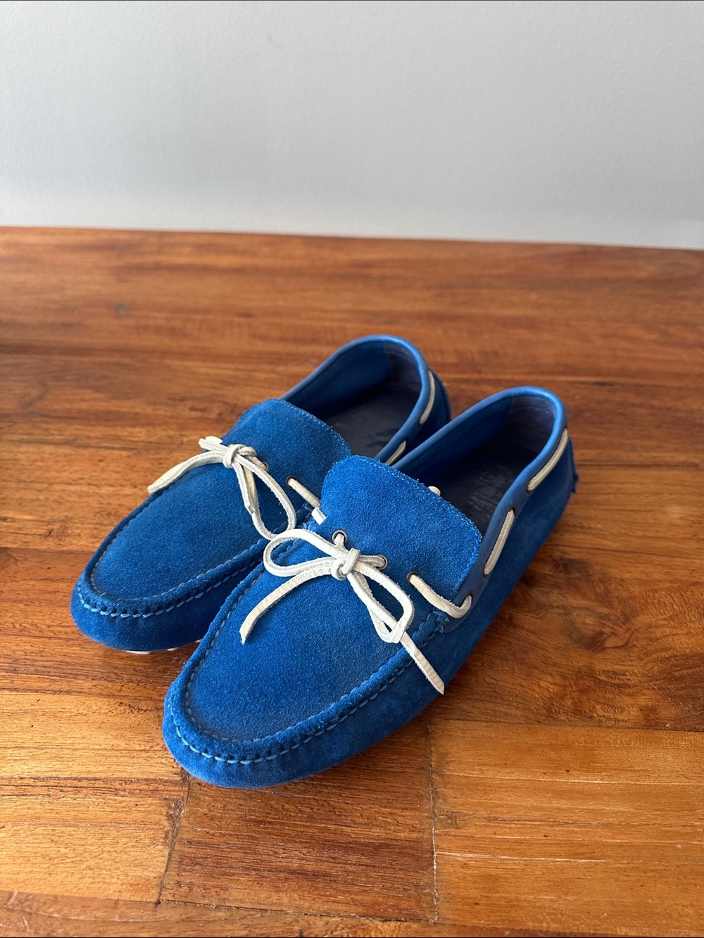 Cole Haan Blue Suede Boat Shoes with Cream Laces